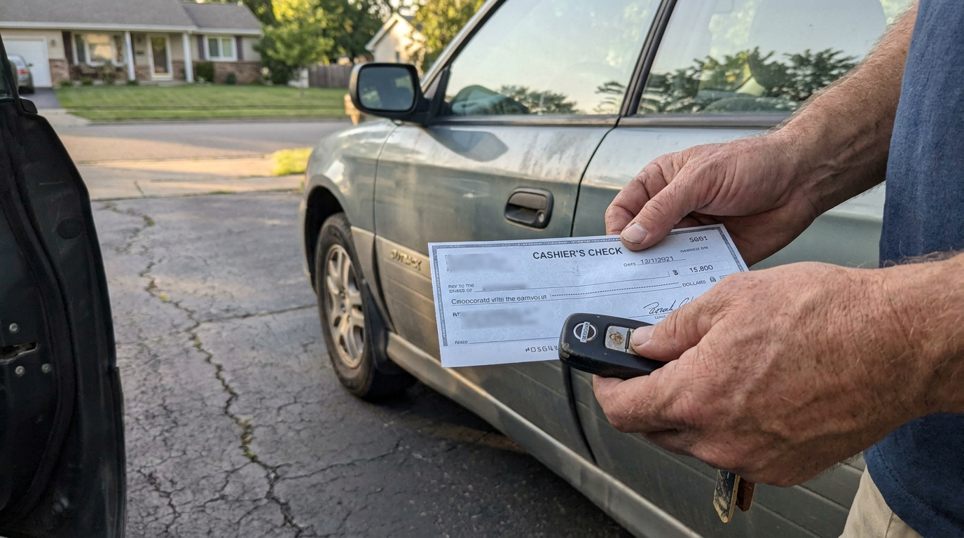 A cashier's check being handed across a table next to a car key, illustrating an in-person handoff